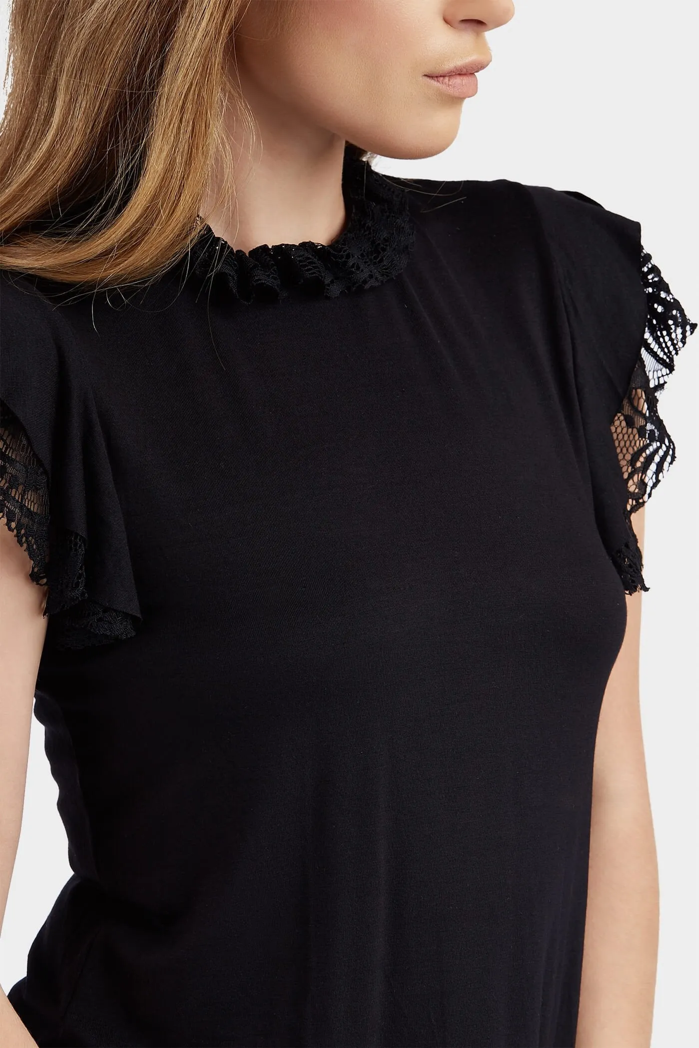 Black Lace Frill Sleeve Top