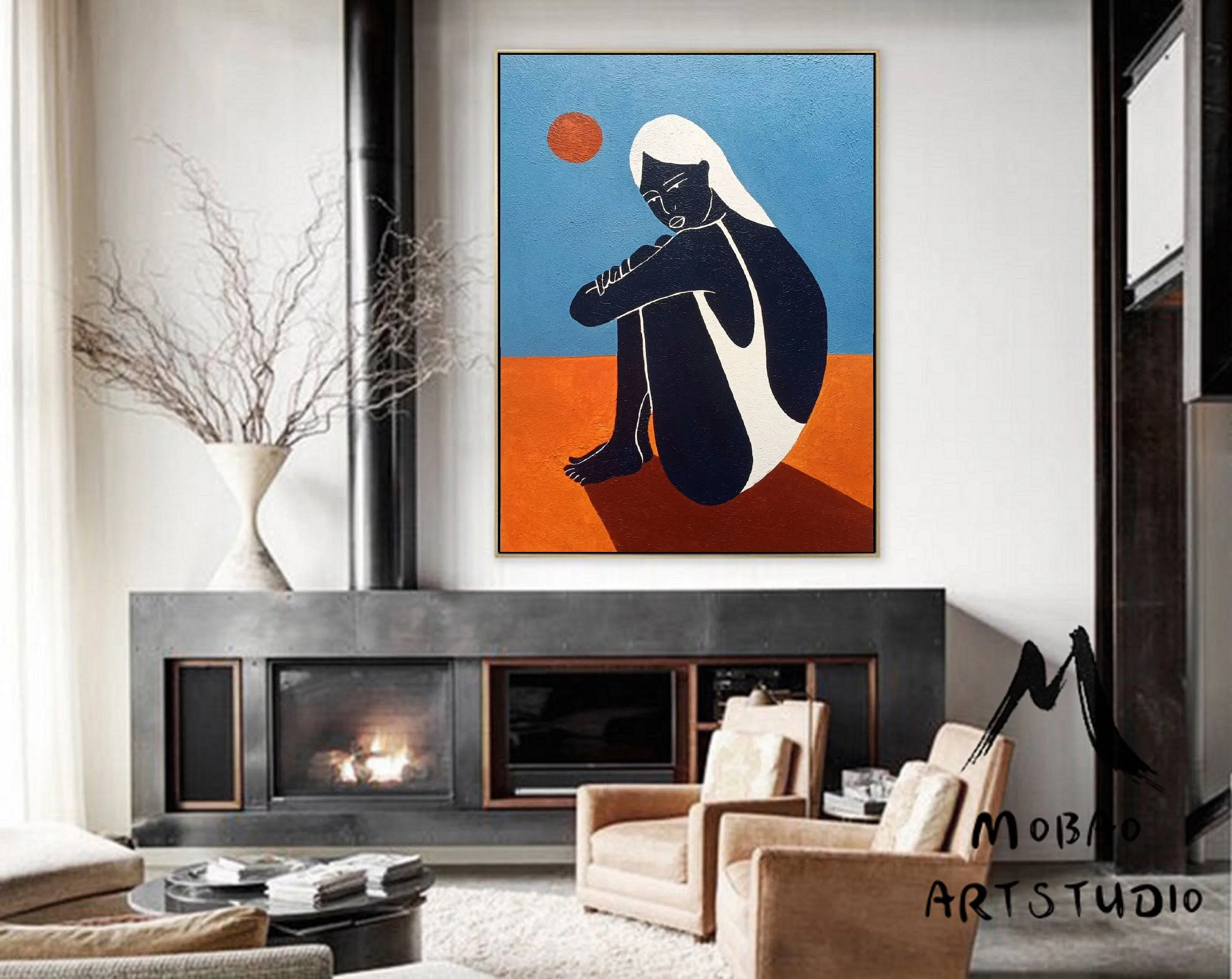Black Women Art Painting Blue Abstract Art Sofa Size Artwork Gp022