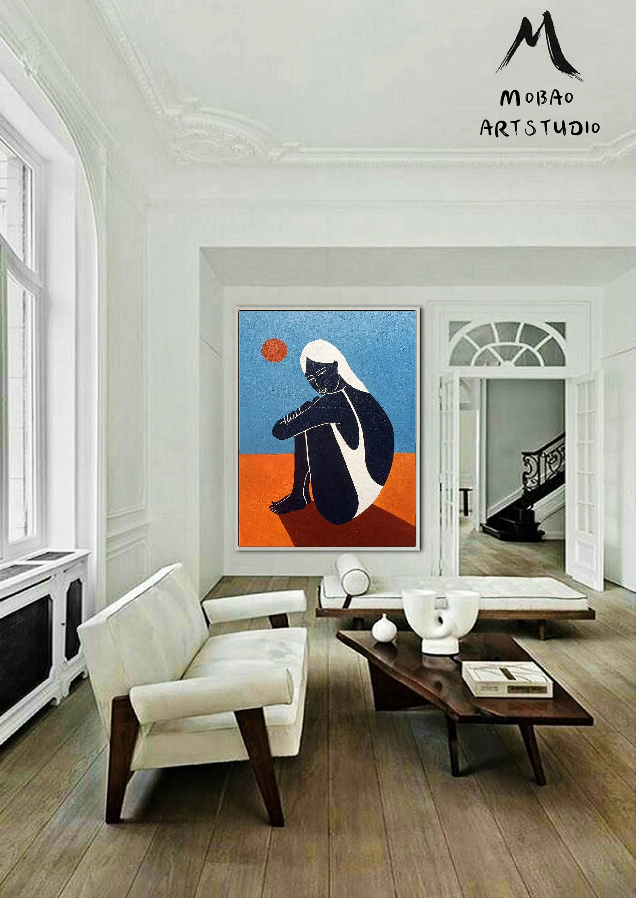 Black Women Art Painting Blue Abstract Art Sofa Size Artwork Gp022