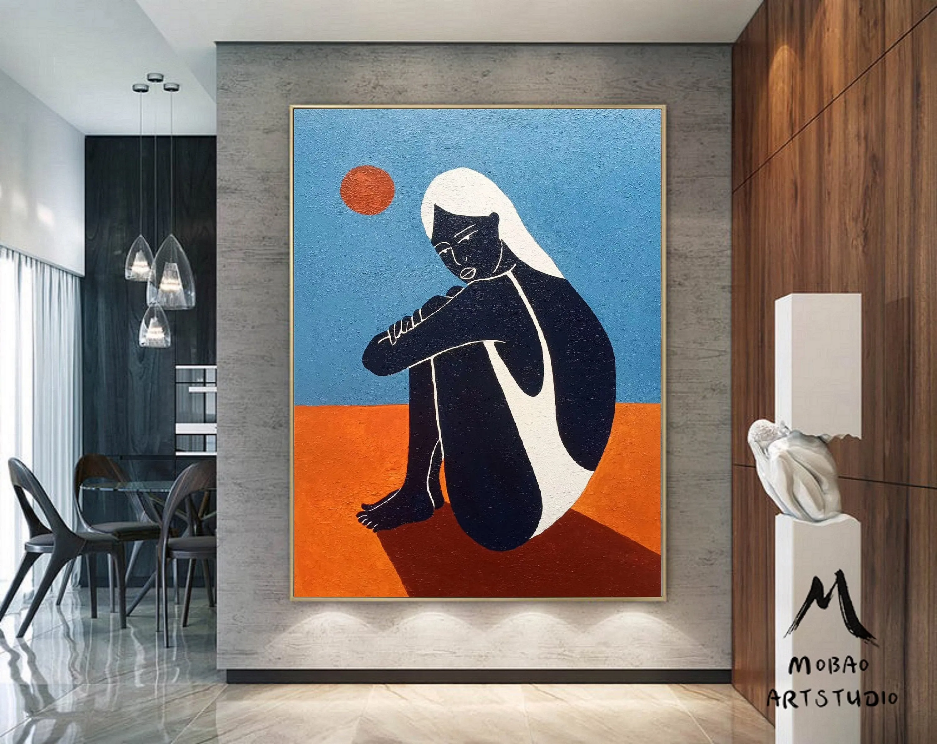 Black Women Art Painting Blue Abstract Art Sofa Size Artwork Gp022