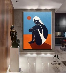 Black Women Art Painting Blue Abstract Art Sofa Size Artwork Gp022
