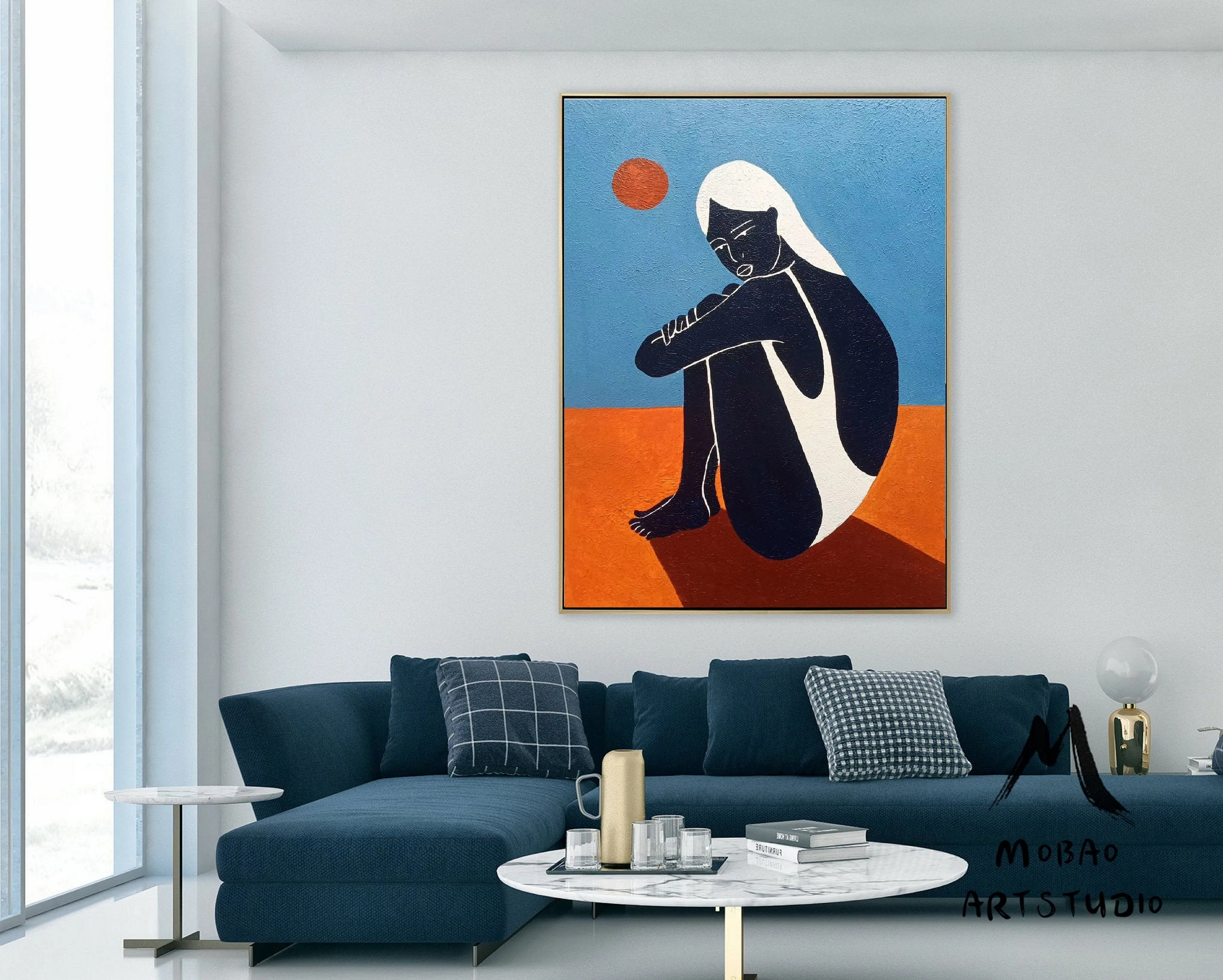 Black Women Art Painting Blue Abstract Art Sofa Size Artwork Gp022
