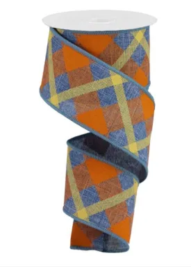 Blue denim and orange printed plaid on royal wired ribbon