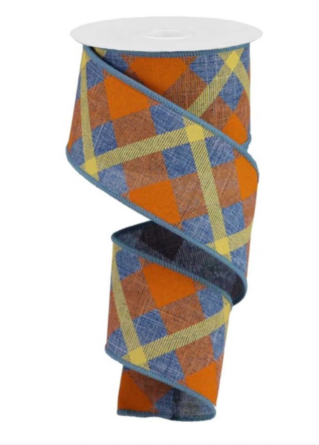 Blue denim and orange printed plaid on royal wired ribbon