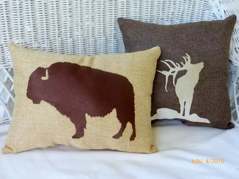 Buffalo pillow, Embroidered Bison pillow cover