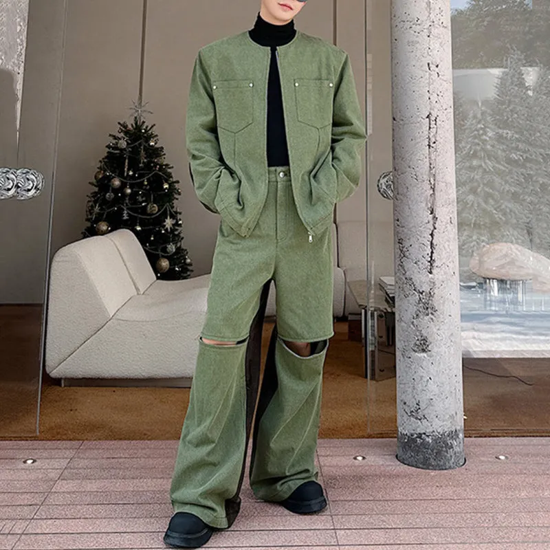 Contrast Color Patchwork Washed Denim Suit