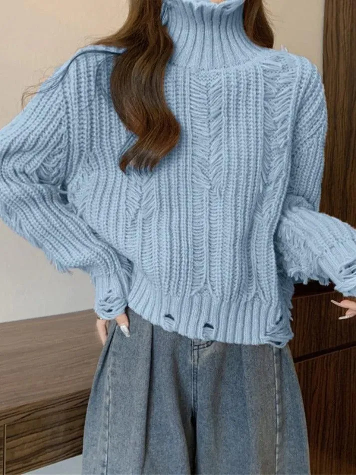 Crochet Ripped High Neck Sweater