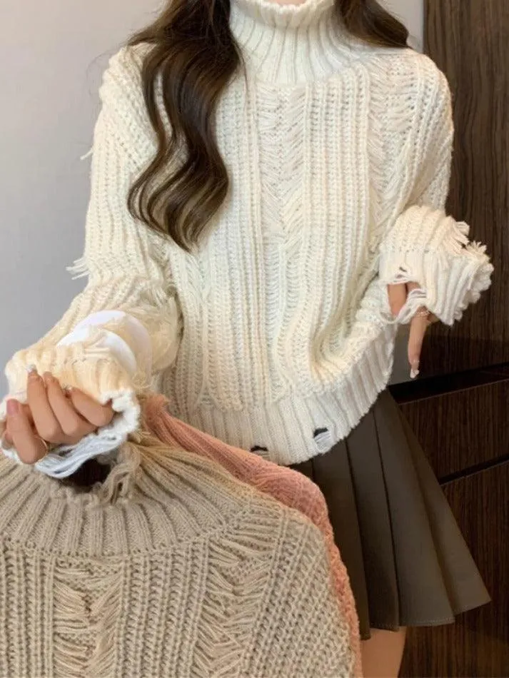 Crochet Ripped High Neck Sweater