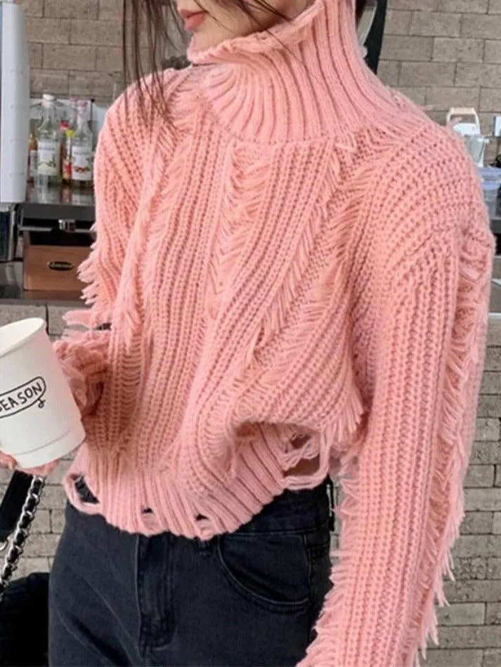 Crochet Ripped High Neck Sweater