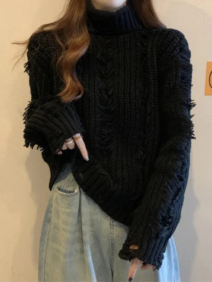 Crochet Ripped High Neck Sweater