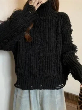 Crochet Ripped High Neck Sweater