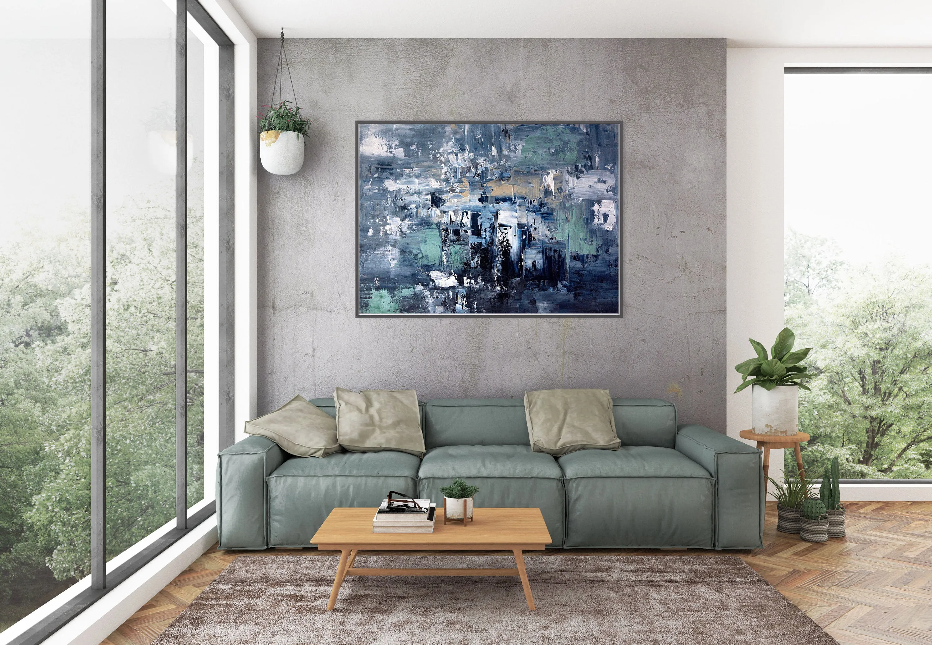 Deep Blue Abstract Painting Living Room Wall Art Large Artwork Dp078