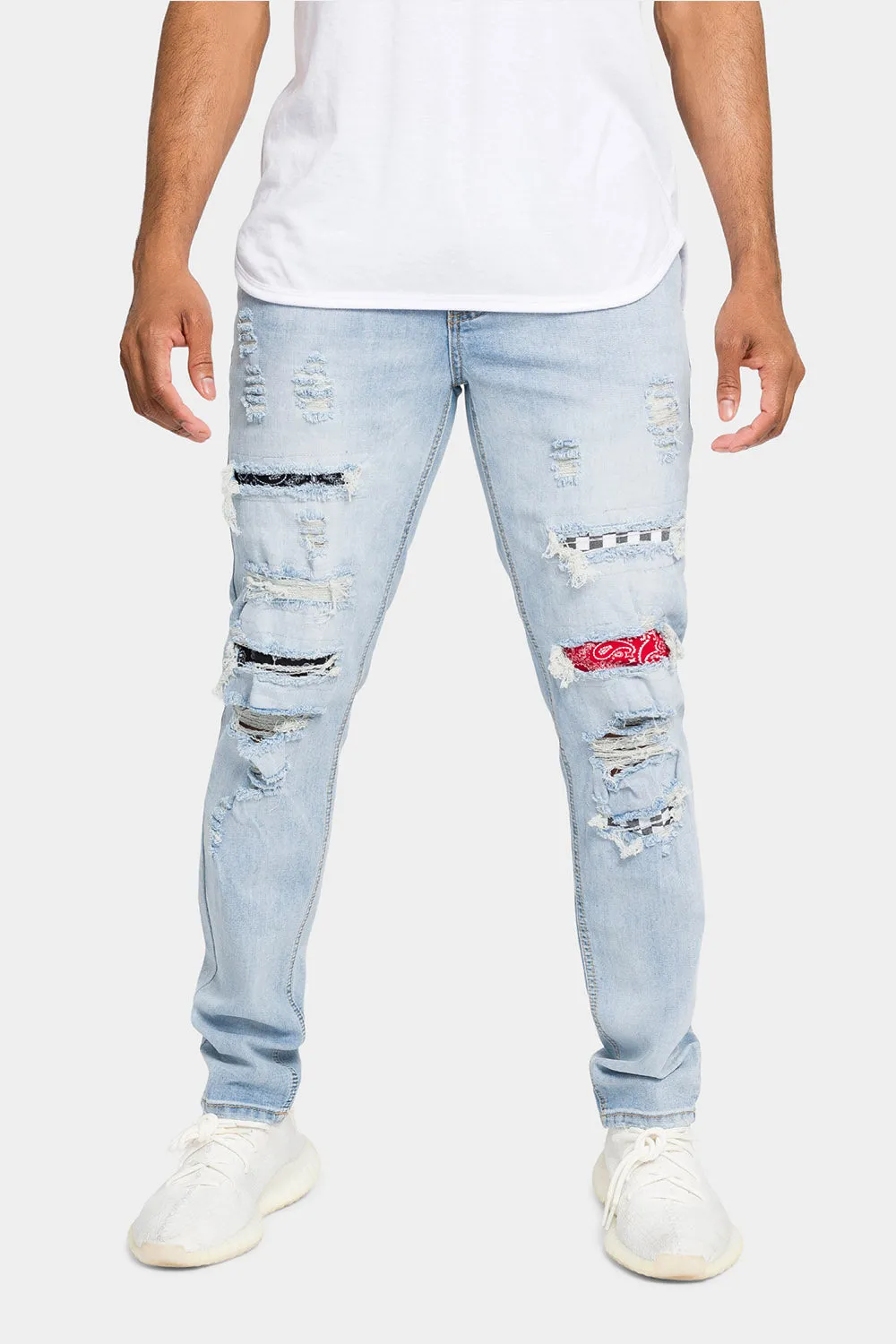 Distressed Patterned Patchwork Denim Jeans