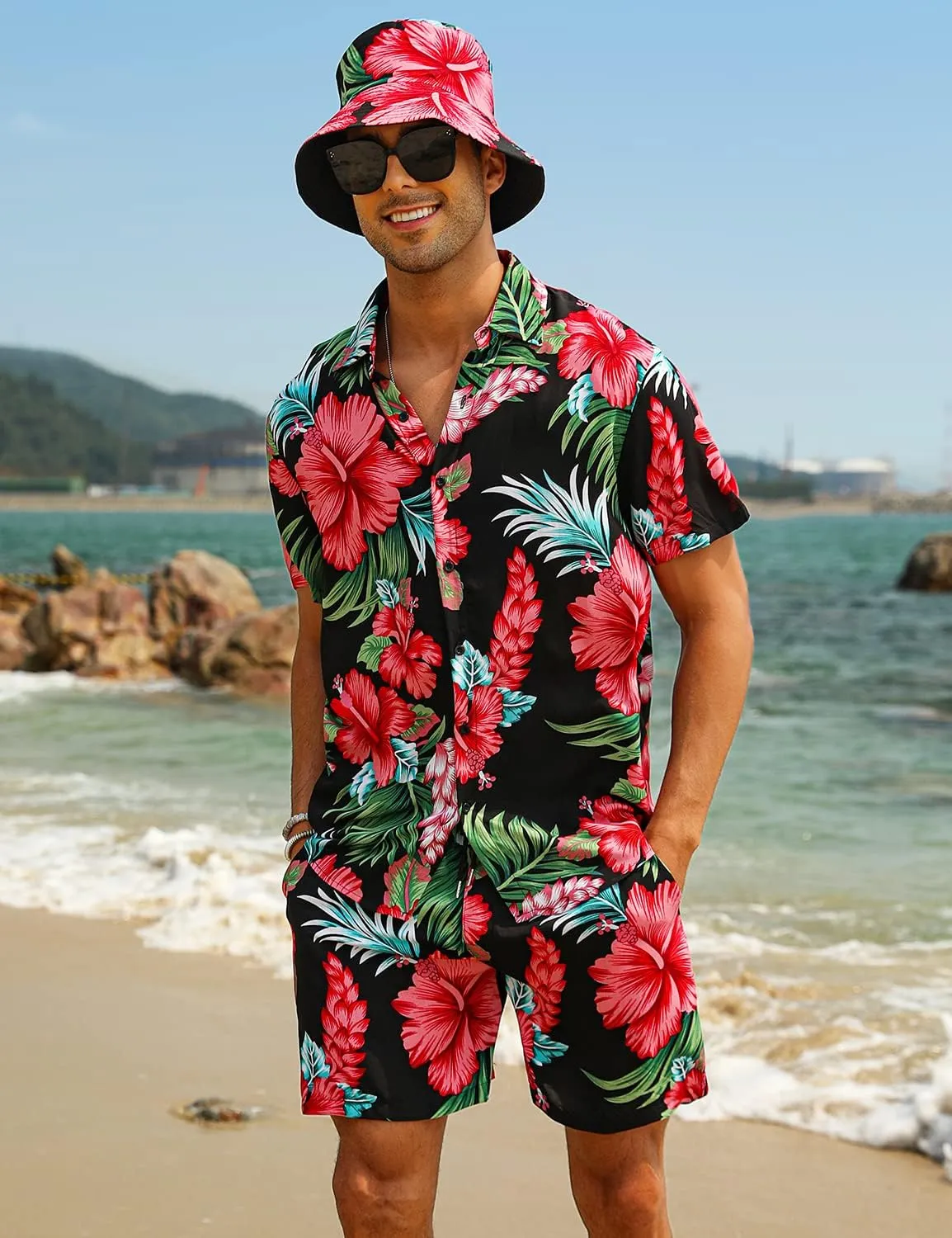 EISHOPEER Men's Flower Hawaiian Sets Casual Short Sleeve Shirt and Shorts Suits Outfits with Bucket Hats