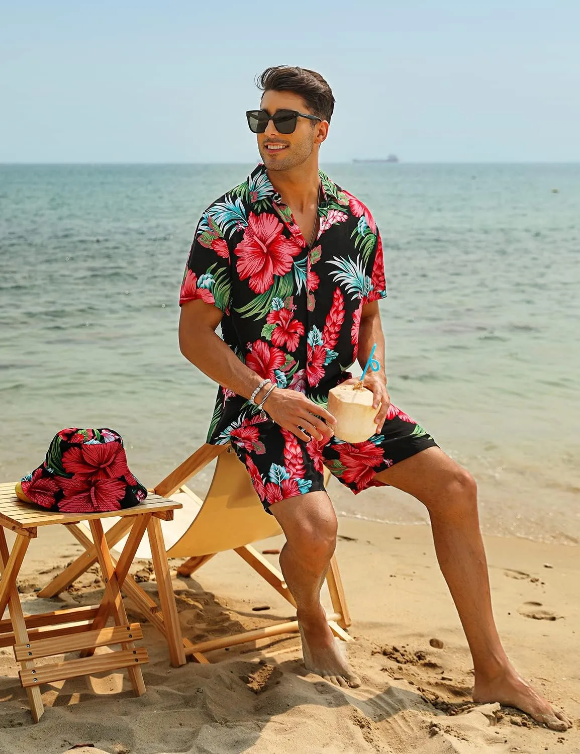 EISHOPEER Men's Flower Hawaiian Sets Casual Short Sleeve Shirt and Shorts Suits Outfits with Bucket Hats