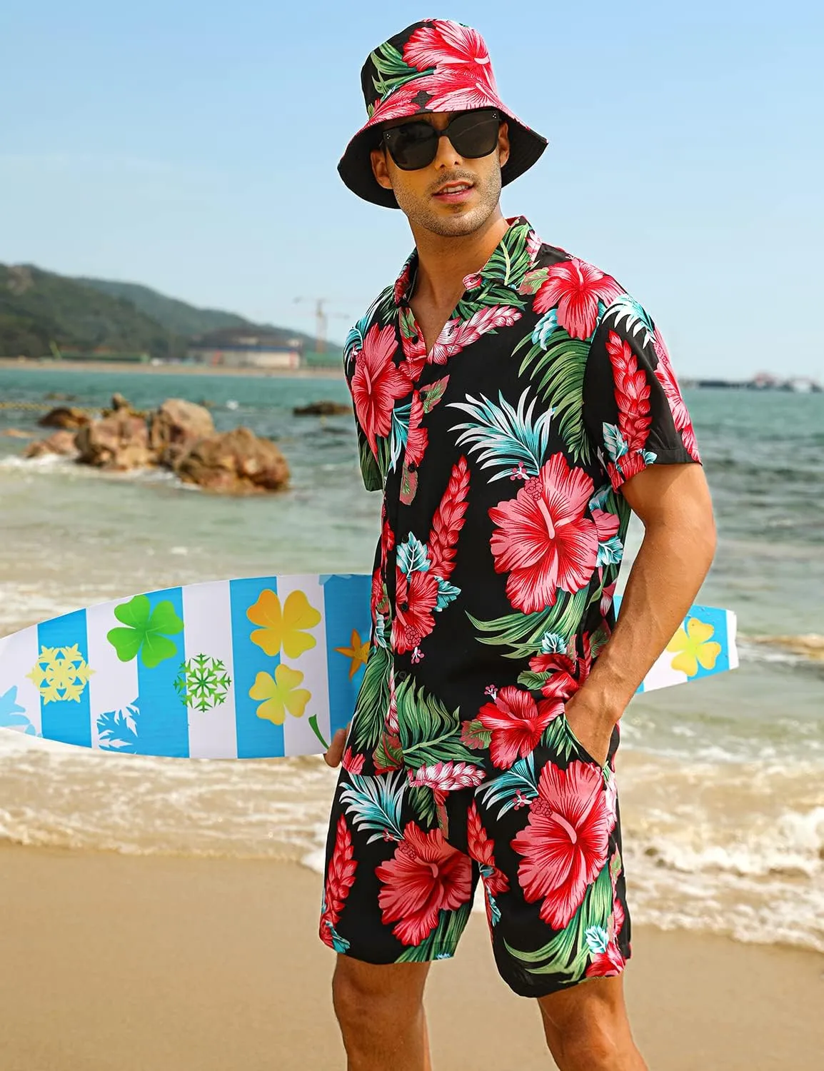 EISHOPEER Men's Flower Hawaiian Sets Casual Short Sleeve Shirt and Shorts Suits Outfits with Bucket Hats