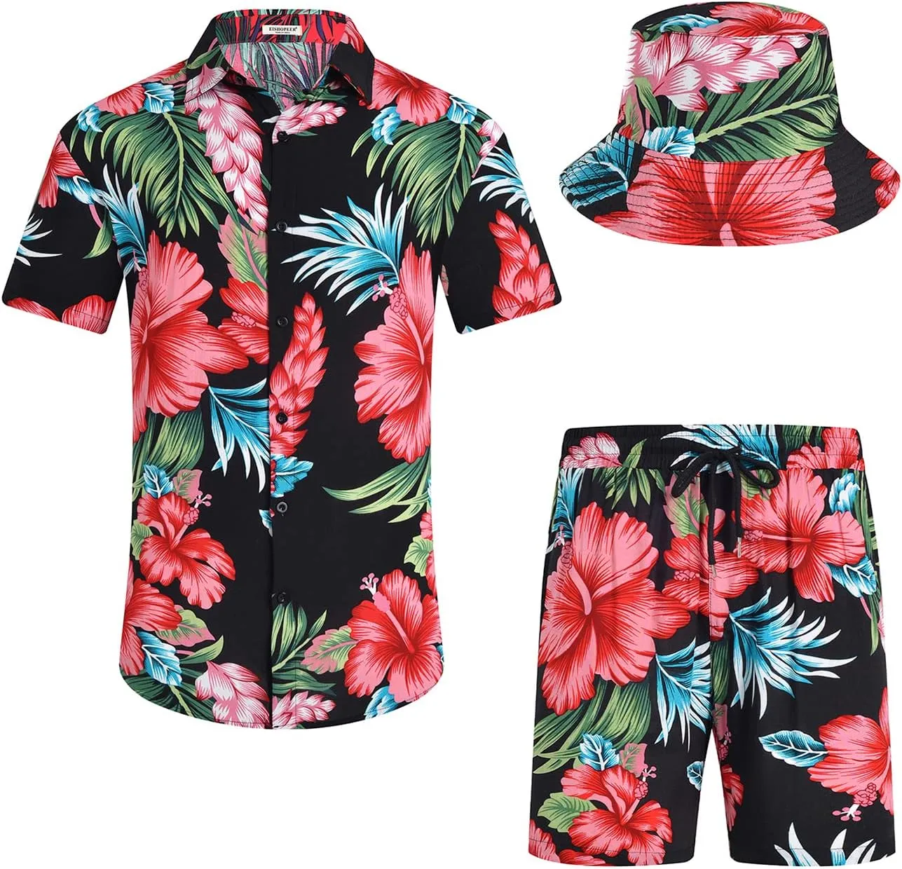 EISHOPEER Men's Flower Hawaiian Sets Casual Short Sleeve Shirt and Shorts Suits Outfits with Bucket Hats