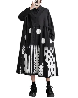 ellazhu Women's Long Sleeves Printed Shirt Long Dress with Polka Dots GZ19