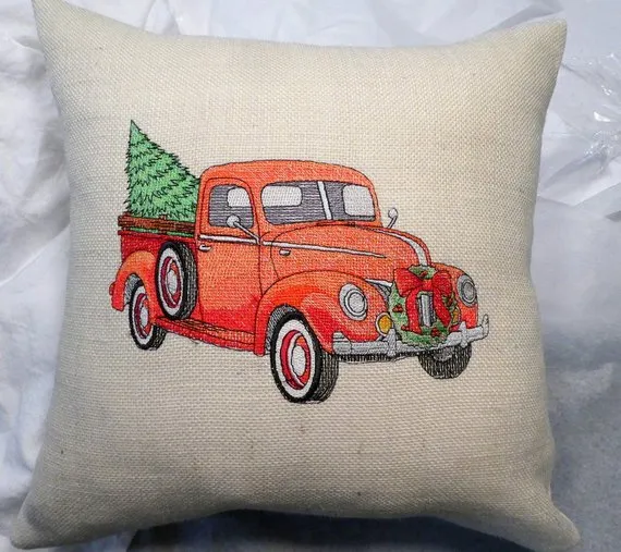 Embroidered Red Pickup Christmas Pillow, Embroidered Truck pillow cover