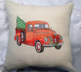 Embroidered Red Pickup Christmas Pillow, Embroidered Truck pillow cover