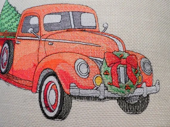 Embroidered Red Pickup Christmas Pillow, Embroidered Truck pillow cover