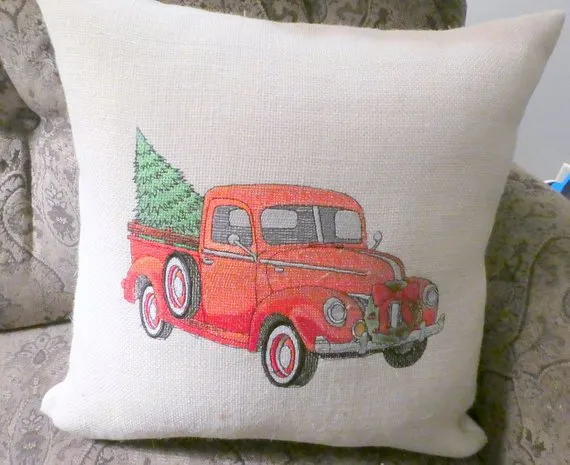 Embroidered Red Pickup Christmas Pillow, Embroidered Truck pillow cover