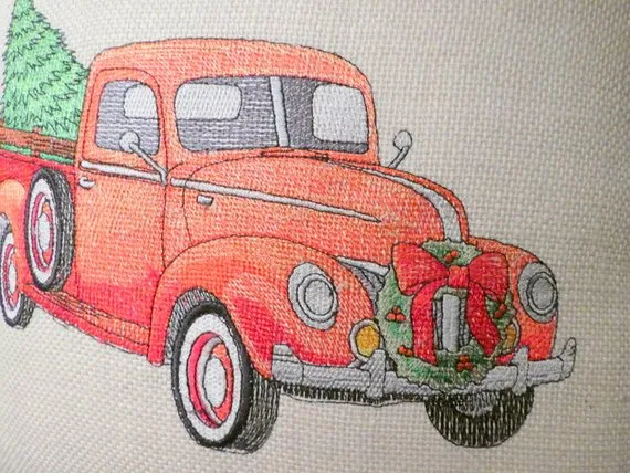 Embroidered Red Pickup Christmas Pillow, Embroidered Truck pillow cover