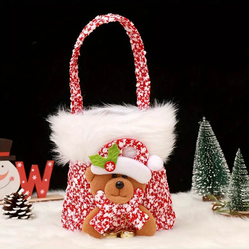 Festive Christmas Handbag: Red And White Pattern, Furry Trim, Santa Hat, And Reindeer Charm - Perfect for Holiday Parties Or As a Gift
