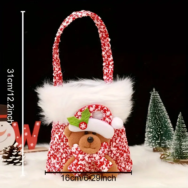 Festive Christmas Handbag: Red And White Pattern, Furry Trim, Santa Hat, And Reindeer Charm - Perfect for Holiday Parties Or As a Gift