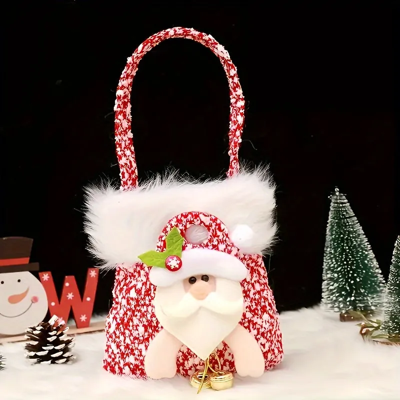 Festive Christmas Handbag: Red And White Pattern, Furry Trim, Santa Hat, And Reindeer Charm - Perfect for Holiday Parties Or As a Gift