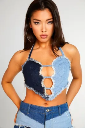 Frayed Patchwork Denim Heart Halter Top