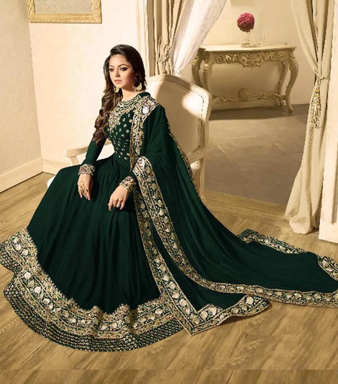 Green Colored Semi Stitched Georgette Suit