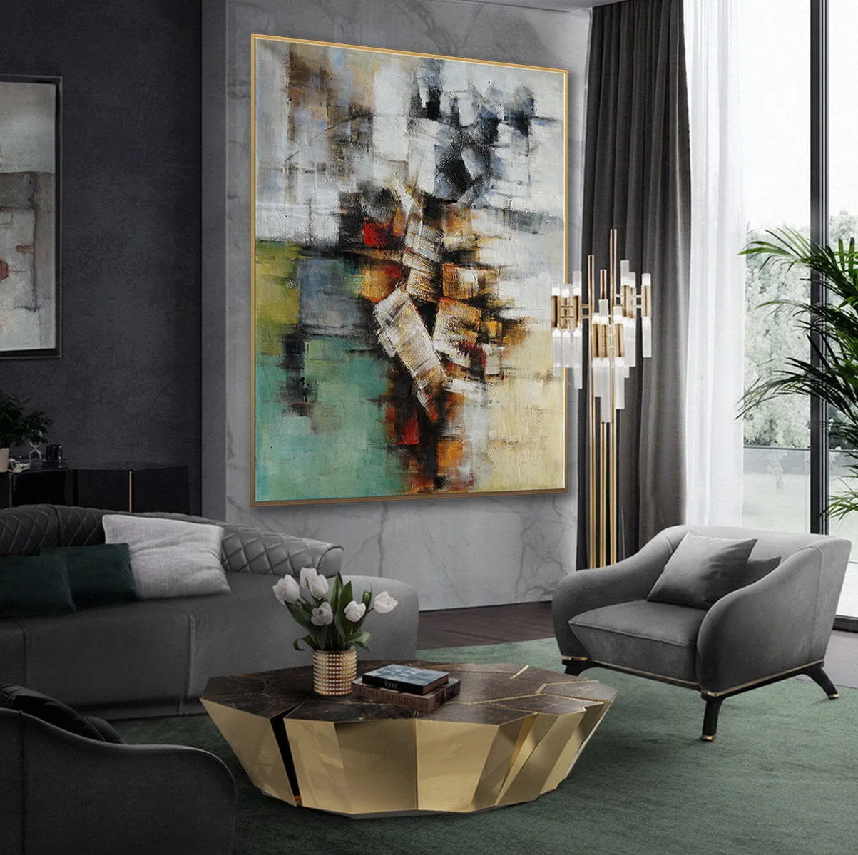 Green Gray Abstract Painting For Living Room Office Art Ap077