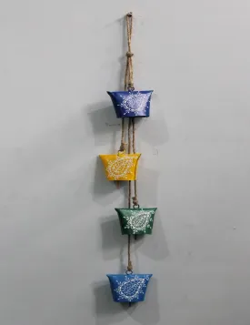 Hand Painted Iron Tin Cow Bells Hanging Chime Rustic Rope Indian Metal Crafts 70 cm Length