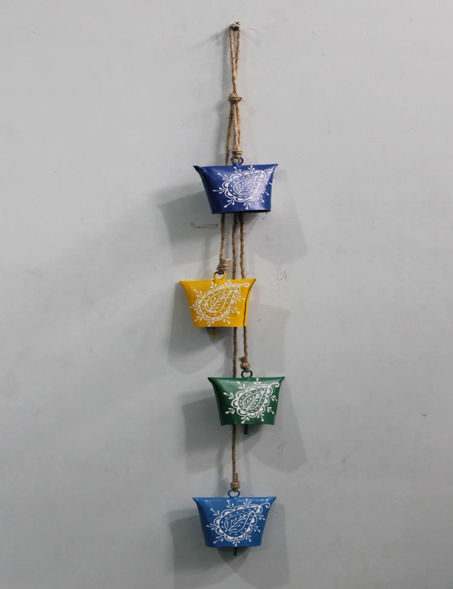 Hand Painted Iron Tin Cow Bells Hanging Chime Rustic Rope Indian Metal Crafts 70 cm Length