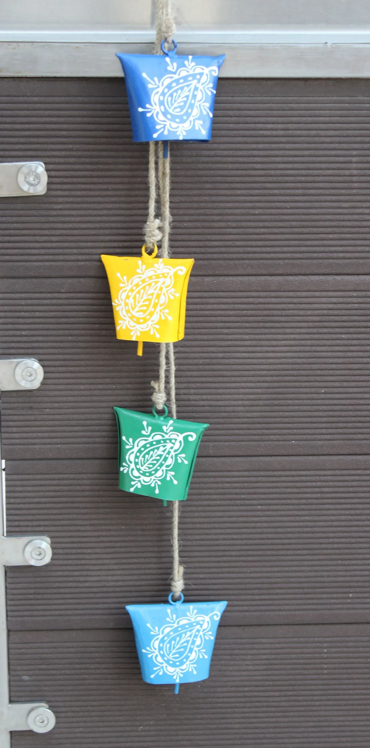 Hand Painted Iron Tin Cow Bells Hanging Chime Rustic Rope Indian Metal Crafts 70 cm Length