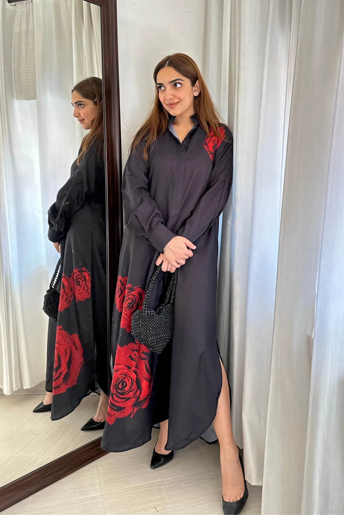 Hand Painted Red Rose Shirt Dress