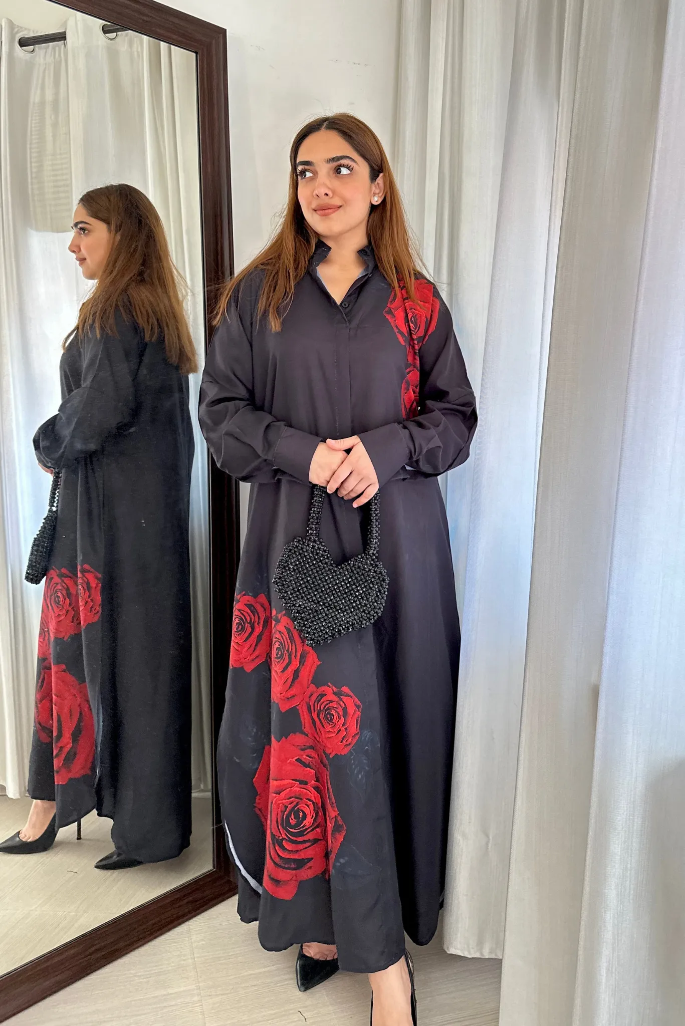 Hand Painted Red Rose Shirt Dress