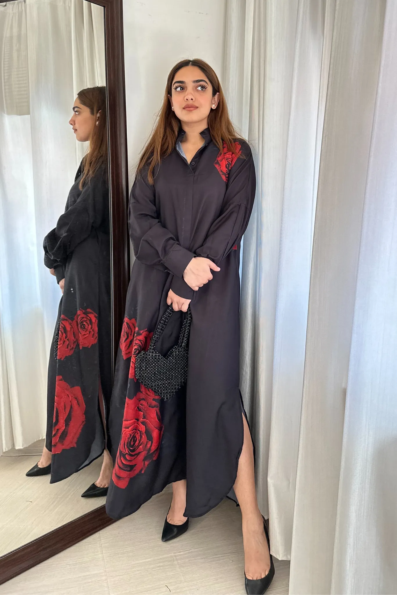 Hand Painted Red Rose Shirt Dress