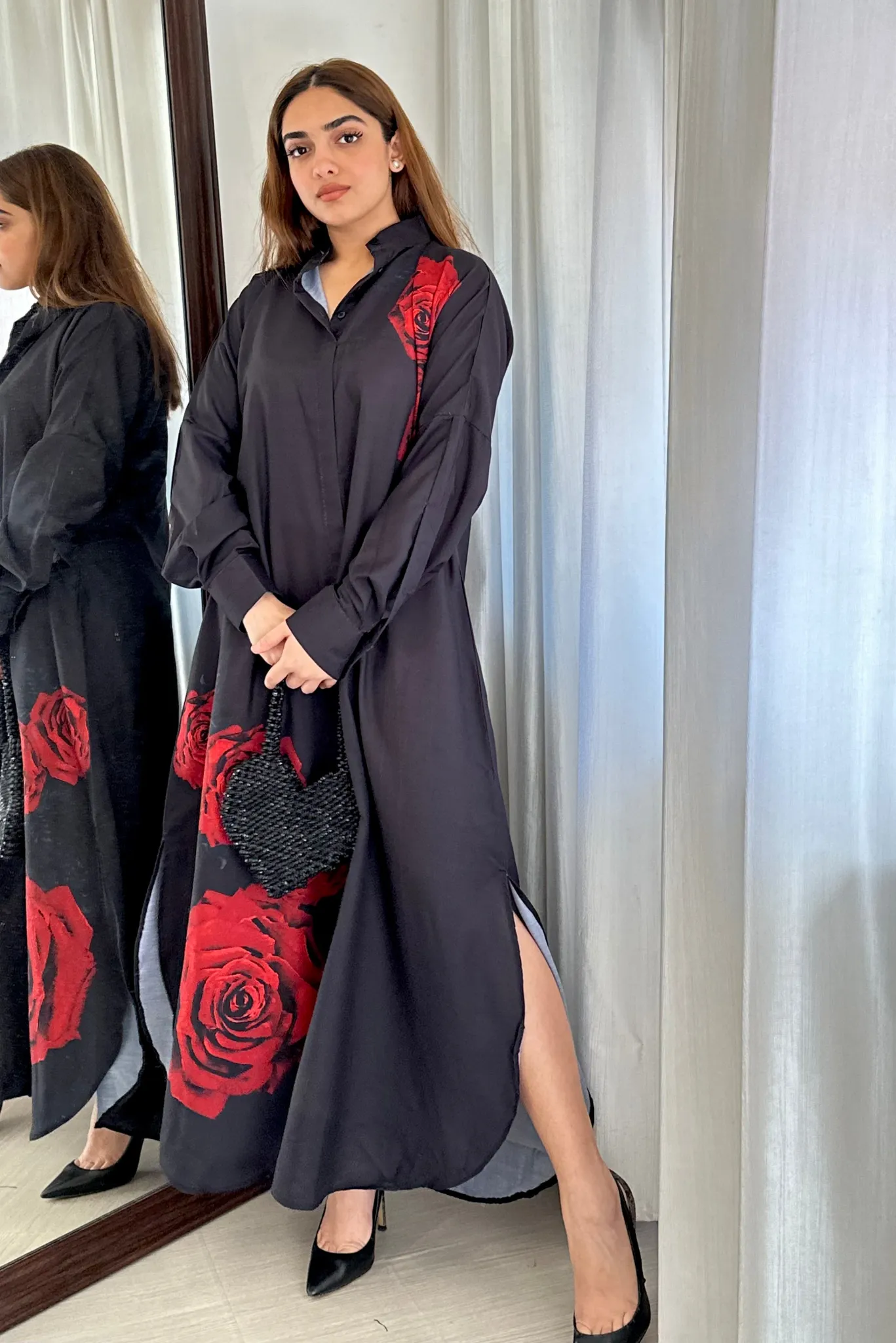 Hand Painted Red Rose Shirt Dress