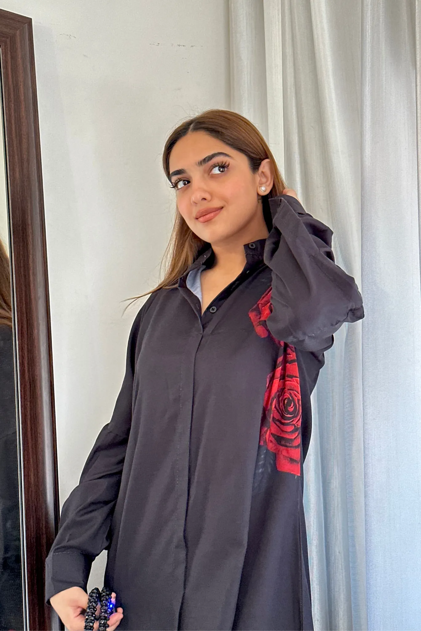 Hand Painted Red Rose Shirt Dress
