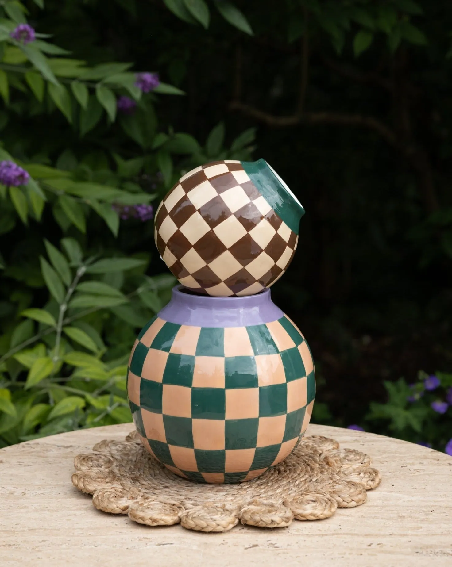 Hand Painted Vase Check Green/Brown