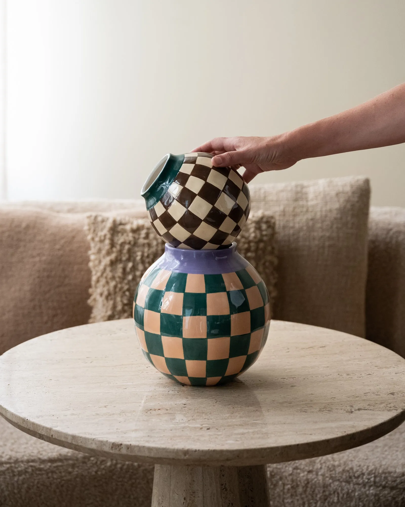Hand Painted Vase Check Green/Brown