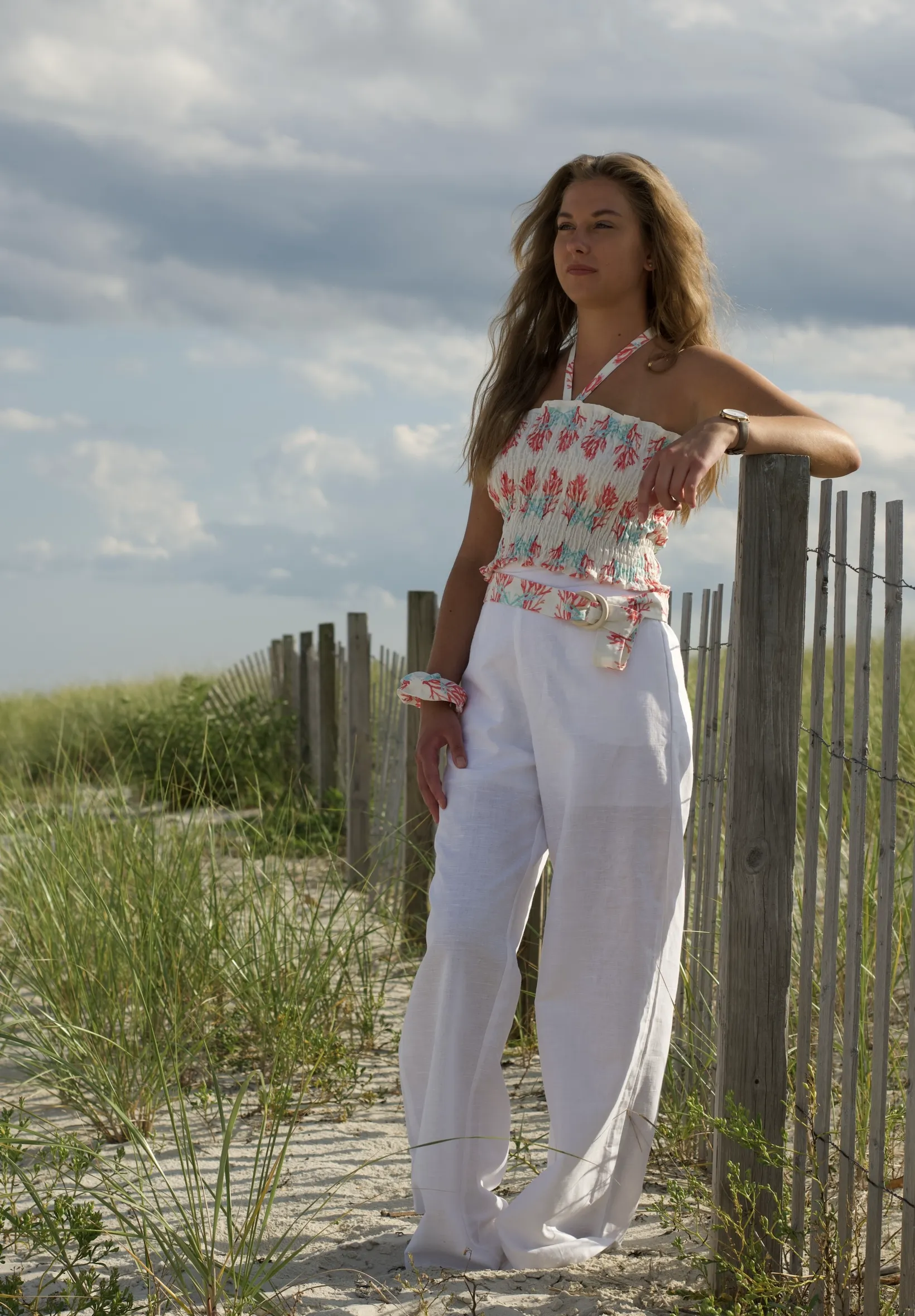 Hot Pink and Blue Coral Linen Crop Top