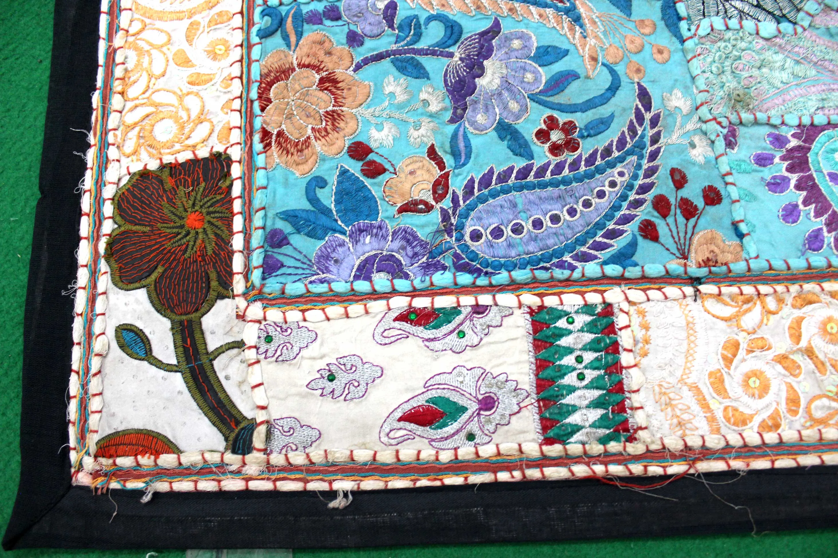 Indian Wall Hanging Embroidered Beautiful Elephant Tapestry Beige Blue 27 x 52 inches