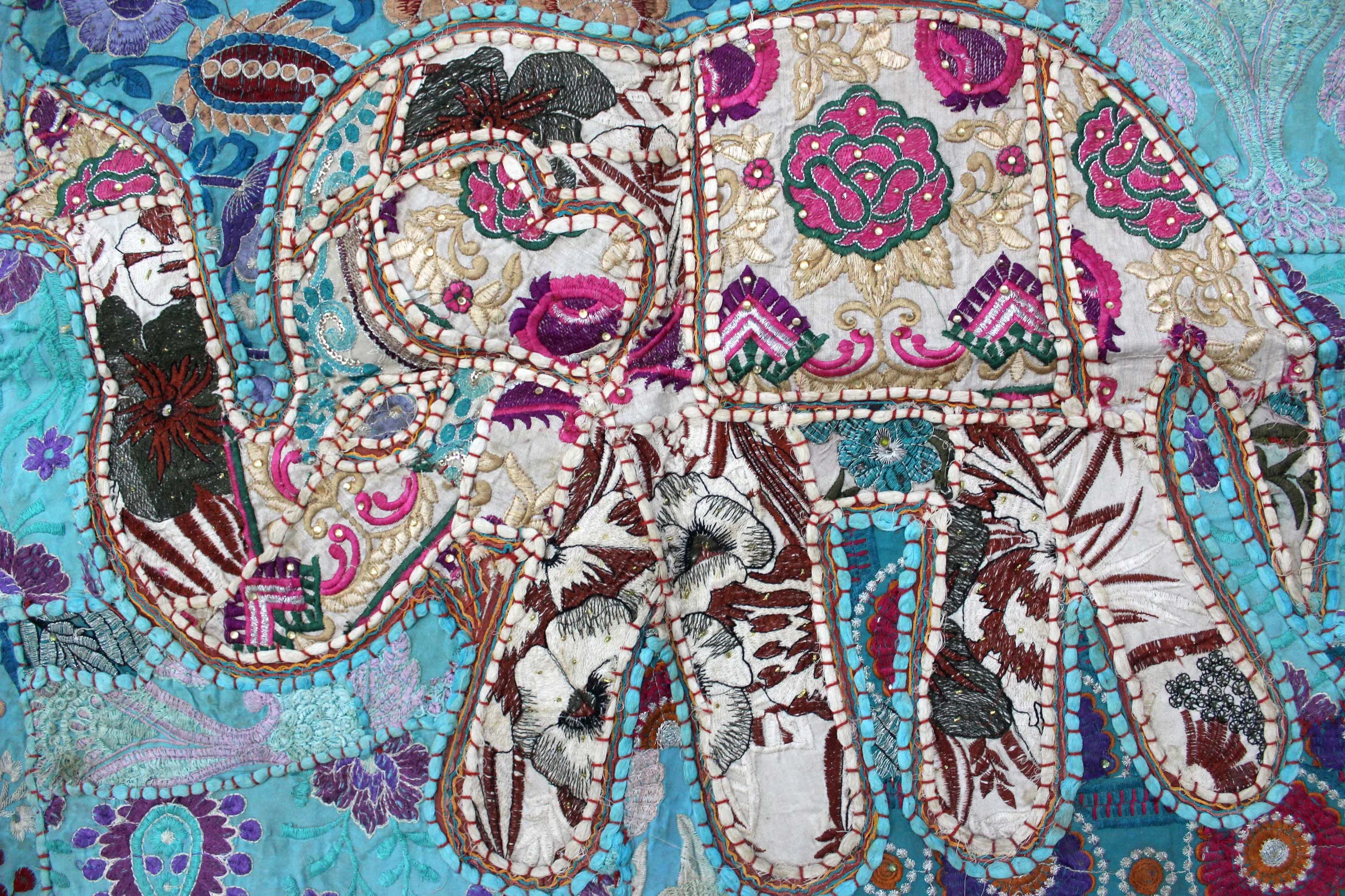 Indian Wall Hanging Embroidered Beautiful Elephant Tapestry Beige Blue 27 x 52 inches