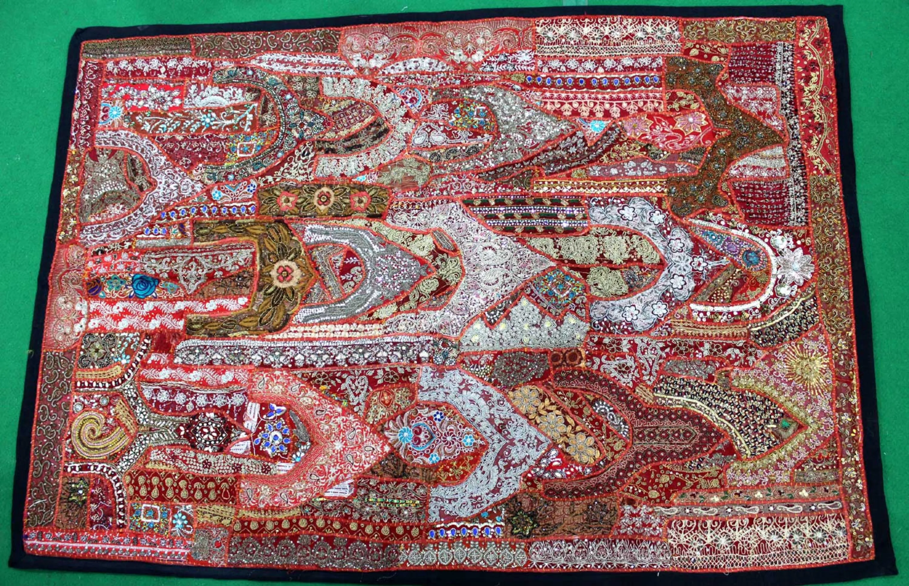 Indian Wall Hanging Embroidered Tapestry Coral Red