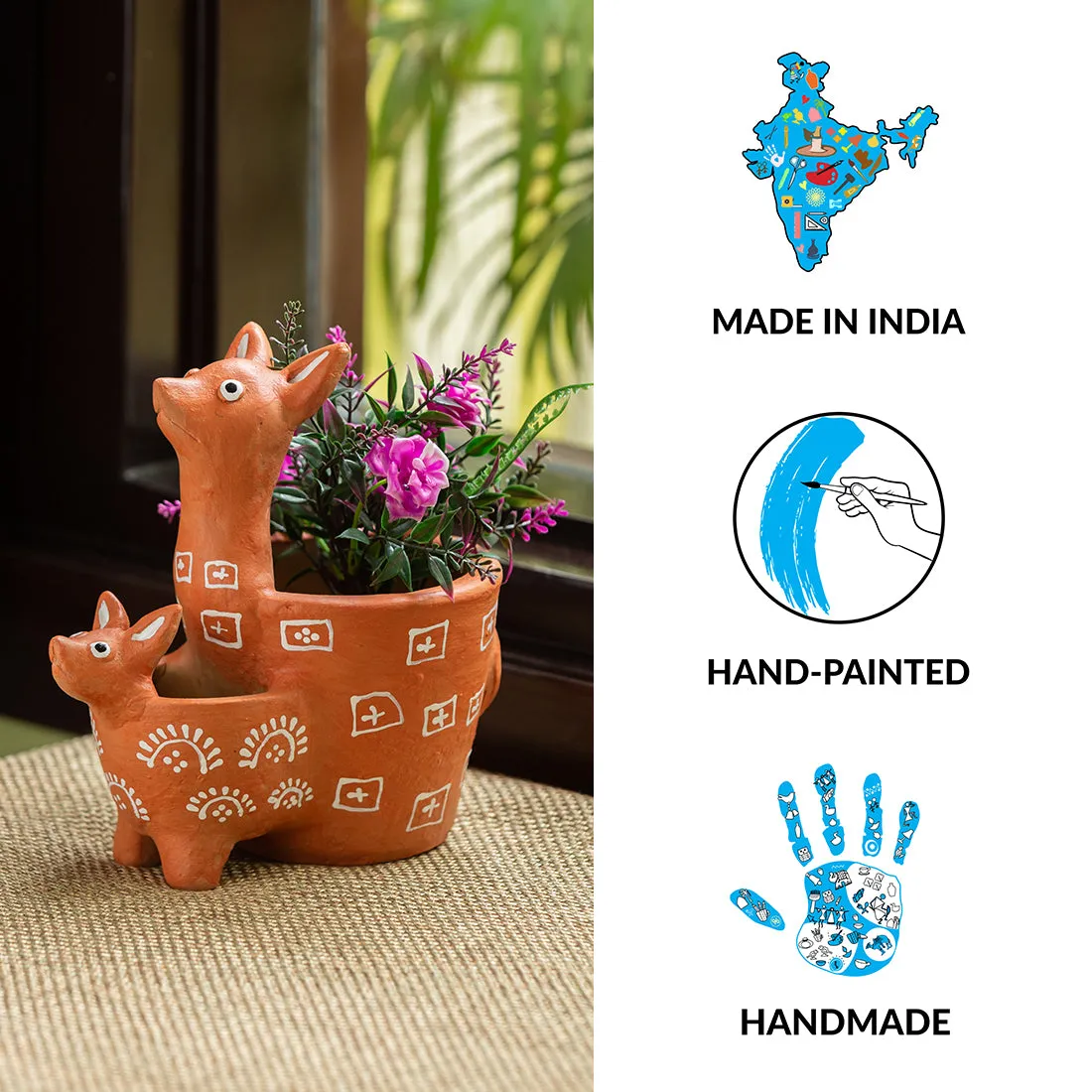 'Kangaroo & Kid' Handmade & Handpainted Terracotta Planter Pot (7 Inch)