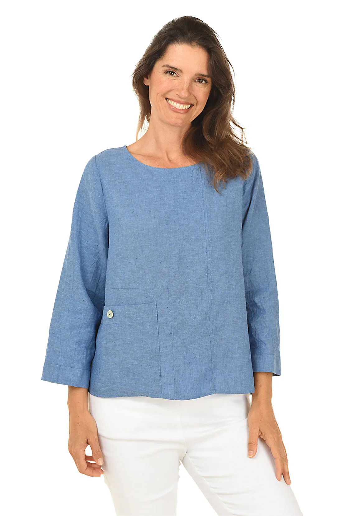 Linen-Blend Pocket High-Low Blouse