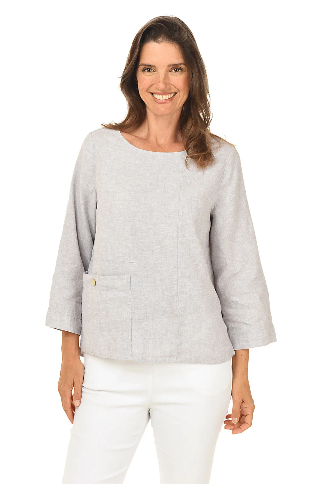 Linen-Blend Pocket High-Low Blouse